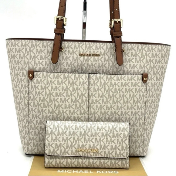 Michael Kors Medium Double Packet Tote Bag & Trifold Wallet Vanilla/Brown - Picture 2 of 14